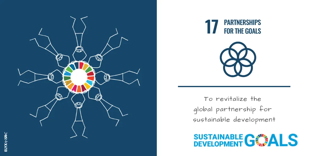 The image is a graphic for Sustainable Development Goal 17, "Partnerships for the Goals". The goal is stated as "To revitalize the global partnership for sustainable development" On the left side of the graphic, a circle of stick figures is shown holding hands around a smaller circle containing the multi-colored icons of all the Sustainable Development Goals. On the right, the number 17 is displayed next to the text "PARTNERSHIPS FOR THE GOALS" and a logo made of five interlocking circles. The "SUSTAINABLE DEVELOPMENT GOALS" logo is also at the bottom right.