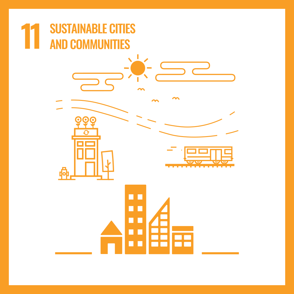 The image shows the number 11, with the words "SUSTAINABLE CITIES AND COMMUNITIES" written next to it. Below, there are line drawings of several buildings, a train, a sun, and some clouds. The color scheme is orange and white.