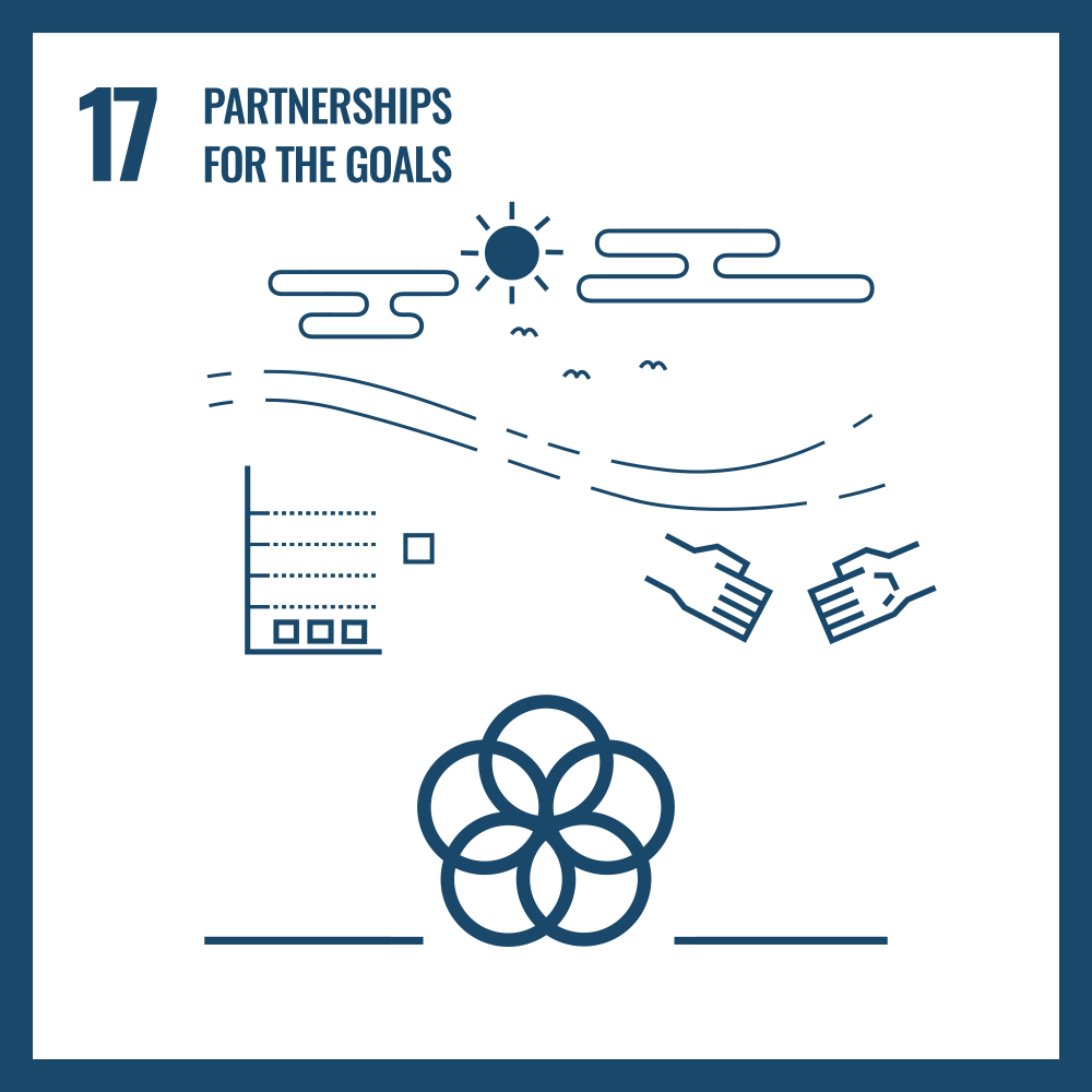 The image is a blue and white graphic for Sustainable Development Goal 17, "Partnerships for the Goals." It features several illustrations, including two hands shaking, a bar graph, and a circular, flower-like logo made of five interlocking circles.