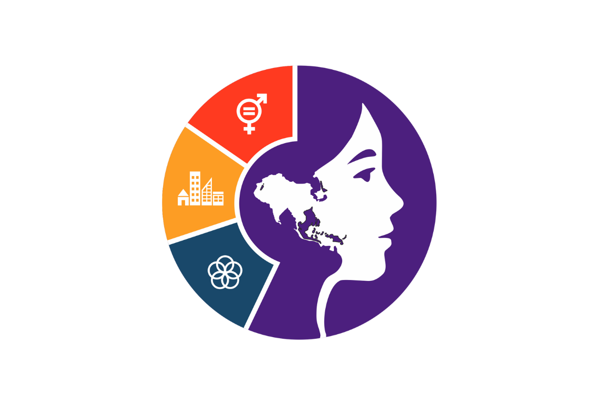 A circular logo is divided into four sections. The right half shows a white silhouette of a woman's head with a map of Asia and the Pacific region inside. The left half is split into three triangular sections, with icons representing gender equality, city buildings, and five interlocking circles. The background is black.