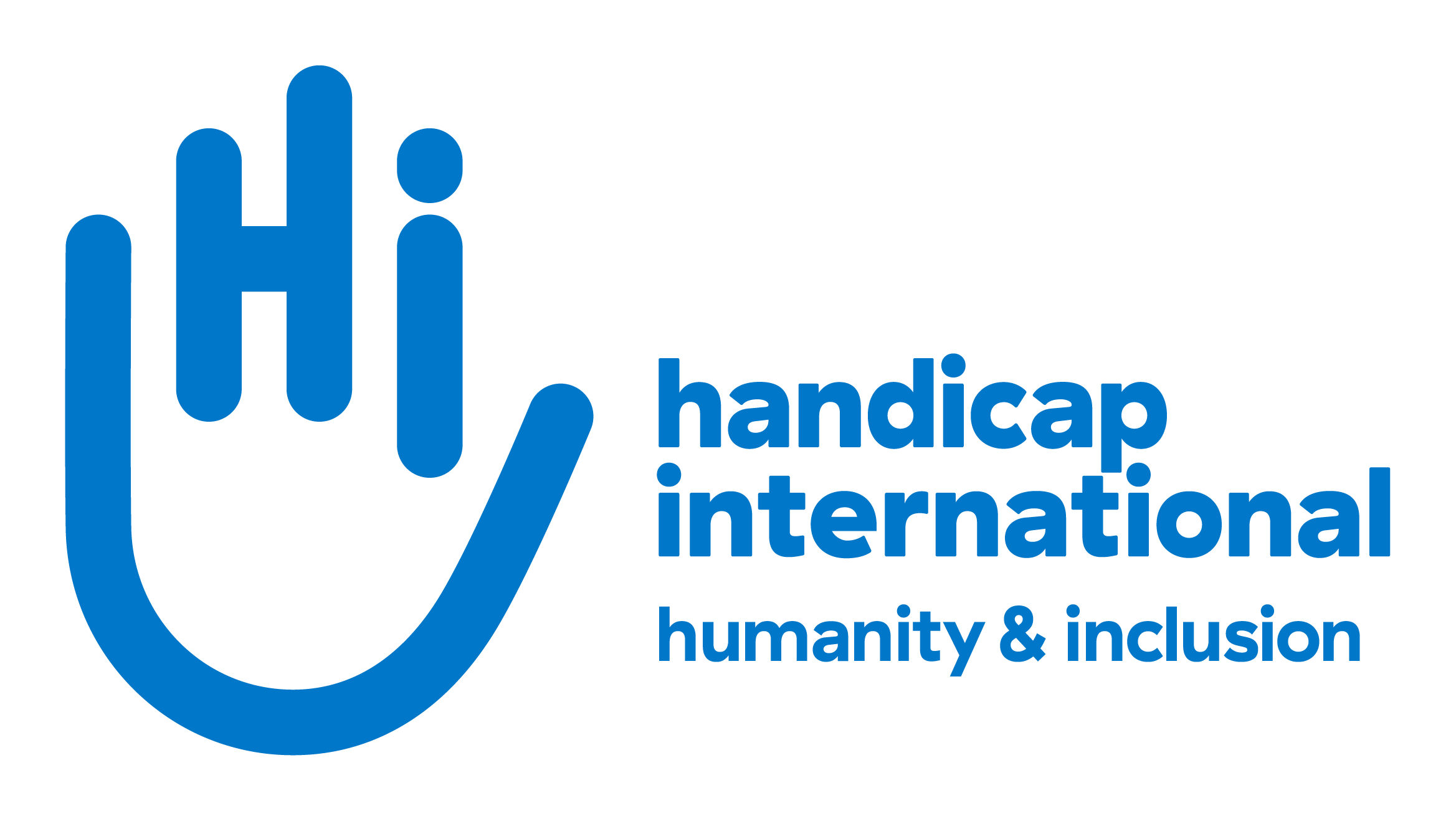 Logo of Handicap International featuring a stylized blue hand with "Hi" beside the words "handicap international humanity & inclusion".