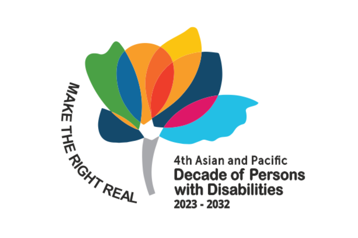 This is a logo for the "4th Asian and Pacific Decade of Persons with Disabilities 2023 - 2032." The logo features a stylized, colorful flower and a motto on the left side that says "MAKE THE RIGHT REAL." The decade and the motto indicate a focus on human rights and empowerment for people with disabilities in the Asia-Pacific region.