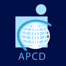 A blue logo featuring a globe and the letters "APCD."