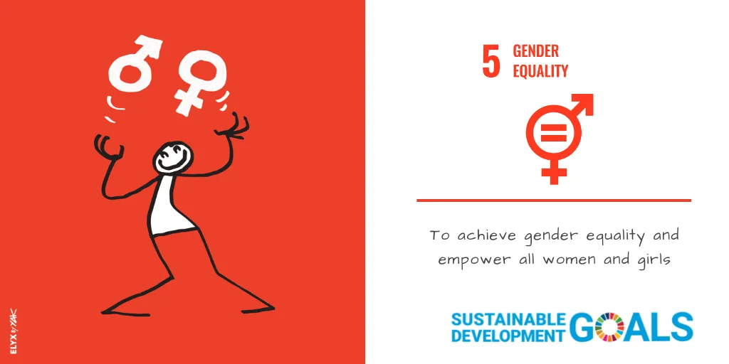 The illustration for Sustainable Development Goal 5: Gender Equality shows a stick figure juggling three gender symbols—male, female, and a combined symbol with an equal sign—against a red background. On the right side, a white background displays the number "5" with the text "GENDER EQUALITY" and the combined gender symbol below, accompanied by the phrase "To achieve gender equality and empower all women and girls." The "SUSTAINABLE DEVELOPMENT GOALS" logo appears at the bottom.