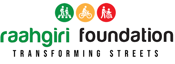 The logo of Raahgiri Foundation written in big bold letters in green and black color with Transforming streets written under it in black color.