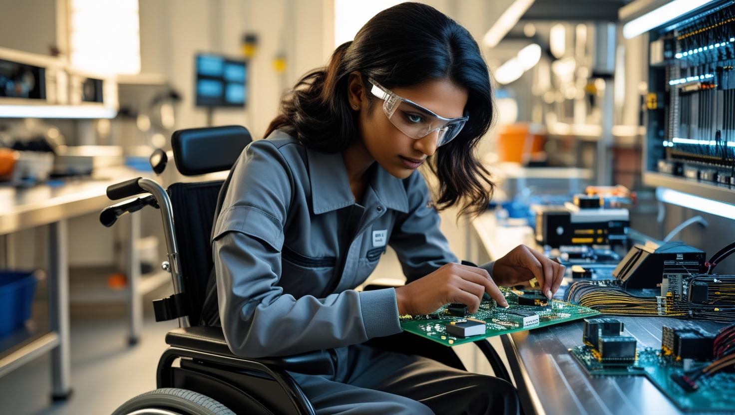 A young woman in a wheelchair, wearing a gray jumpsuit and safety glasses, is intently working on a green circuit board at a workbench in what appears to be an electronics lab or workshop.