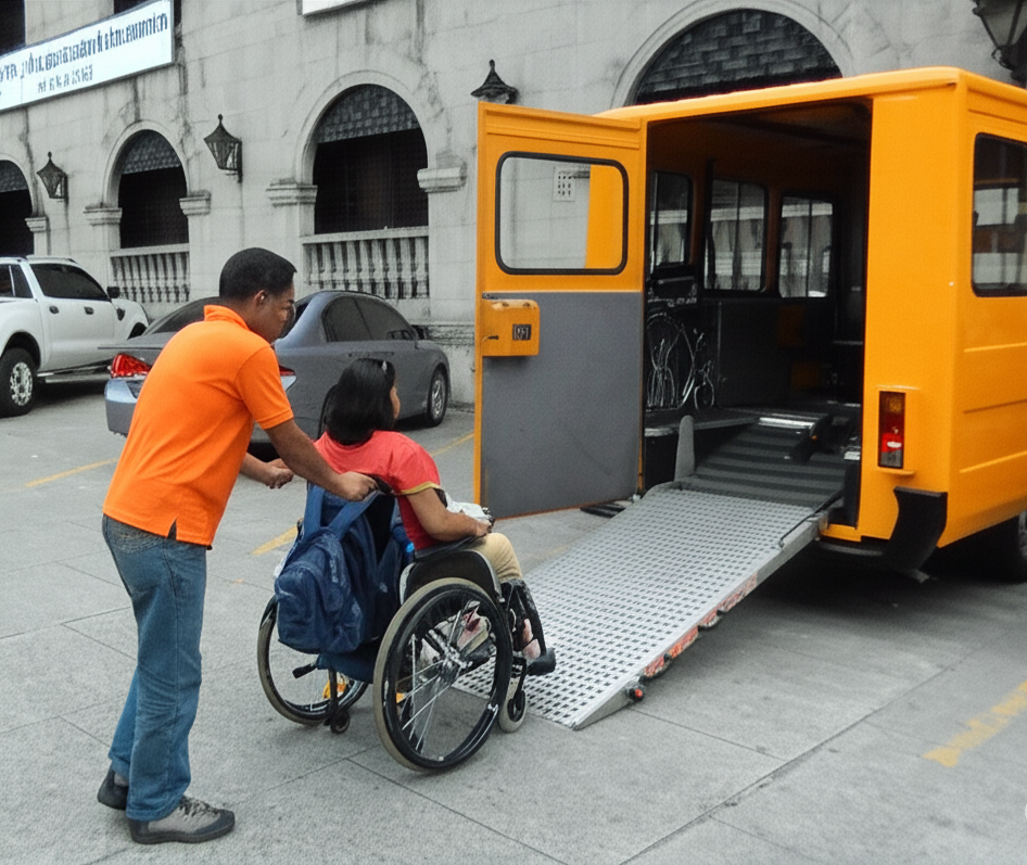 A man is pushing a woman in a wheelchair up a metal ramp into the back of an orange accessibility van.