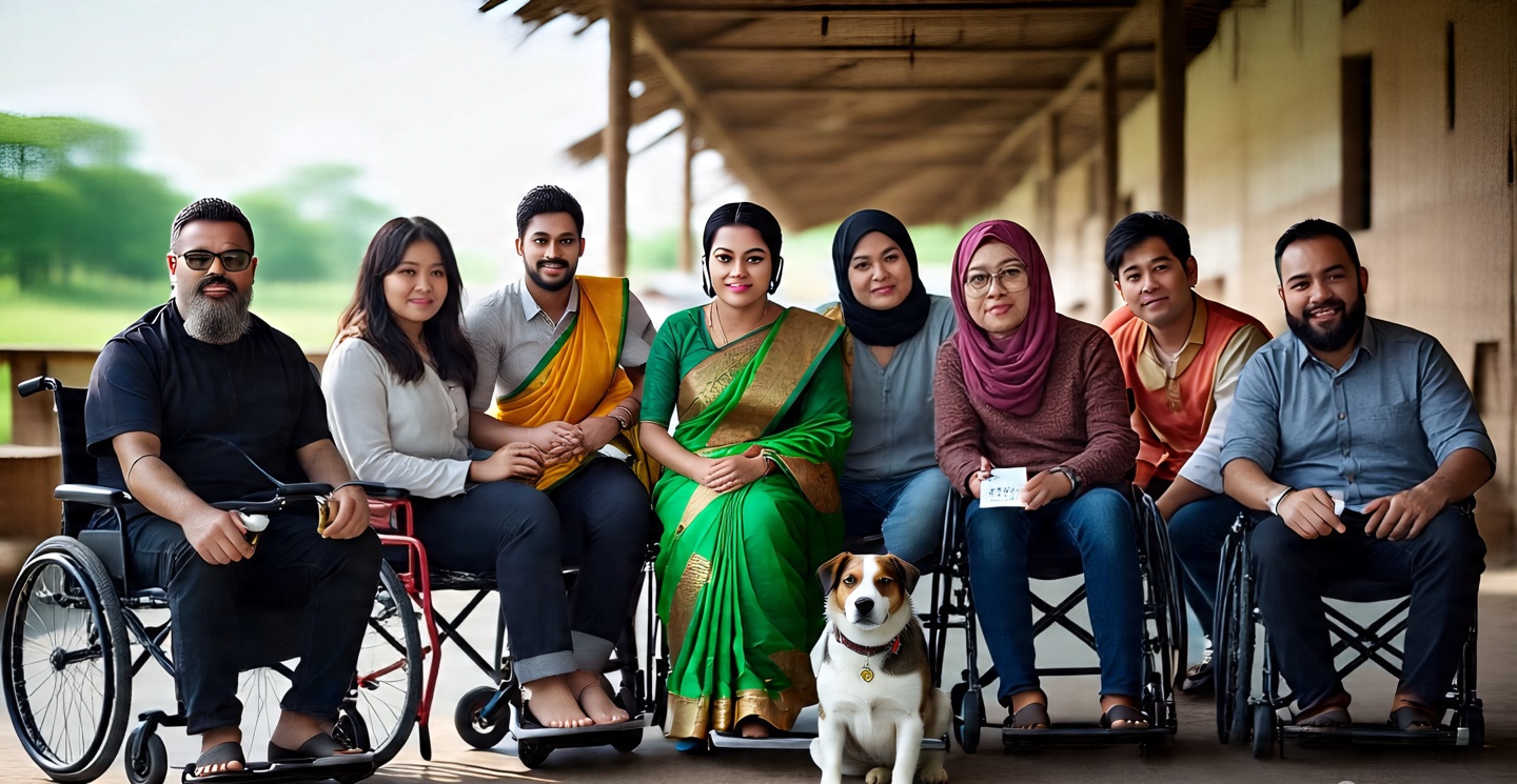 A group of people, including three men in wheelchairs, a woman with a cane, and a small dog, are sitting and smiling for a photo on a covered walkway with a field in the background.
