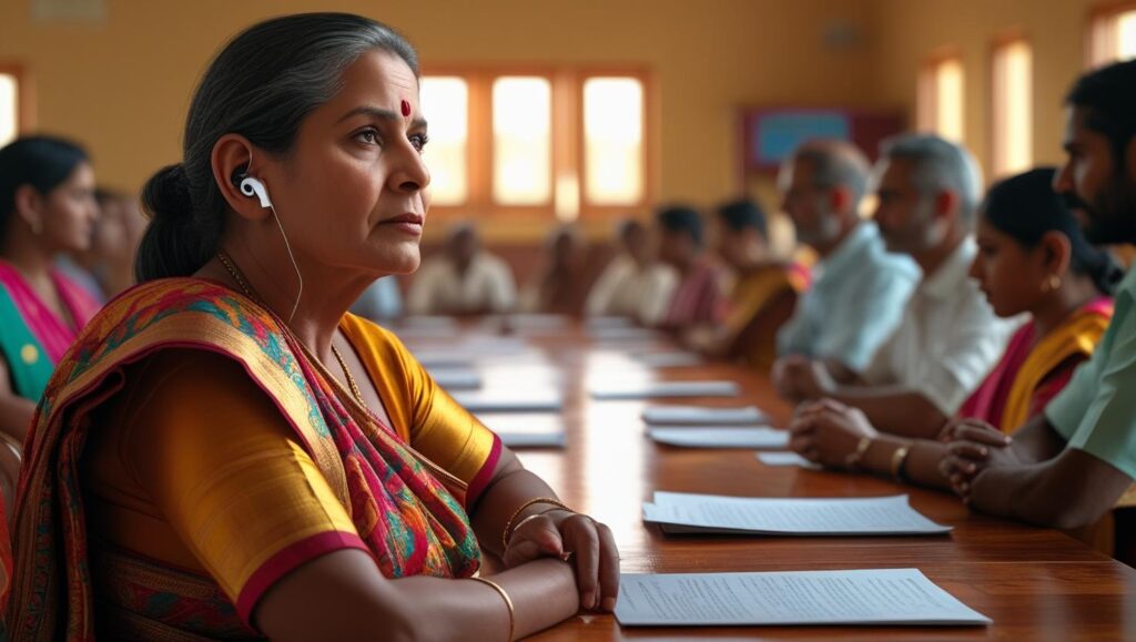A middle-aged woman in a yellow and pink sari is sitting at a conference table, looking to the side with a serious expression.