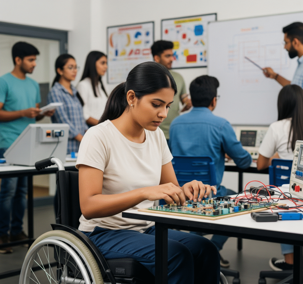 A young Indian woman in a wheelchair, wearing a white t-shirt, is seated at a table in a classroom. She is focused on working with a green circuit board and wires. In the background, other students and a teacher are visible, also engaged in a technical training session.