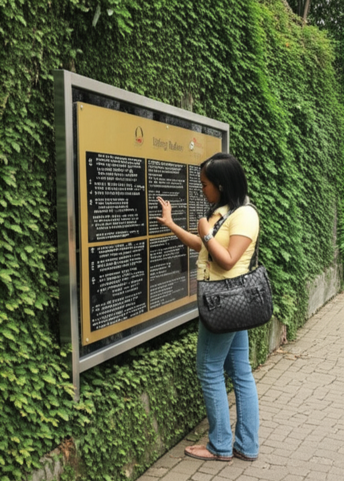 A woman wearing a yellow top and blue jeans, standing next to a large information board outdoors, touching the board as if reading it.