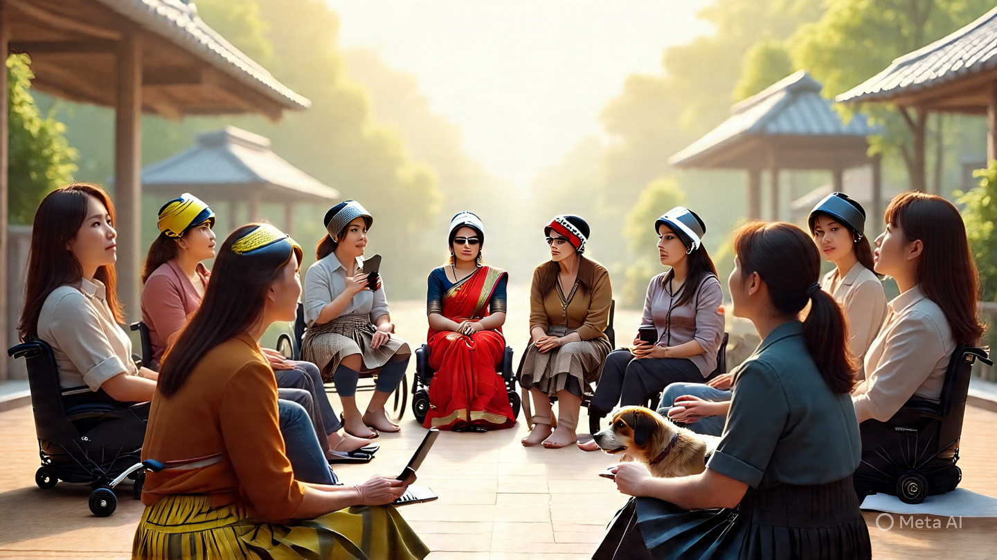 A group of women, several in wheelchairs, gathered in a circle outdoors, with a small dog among them.