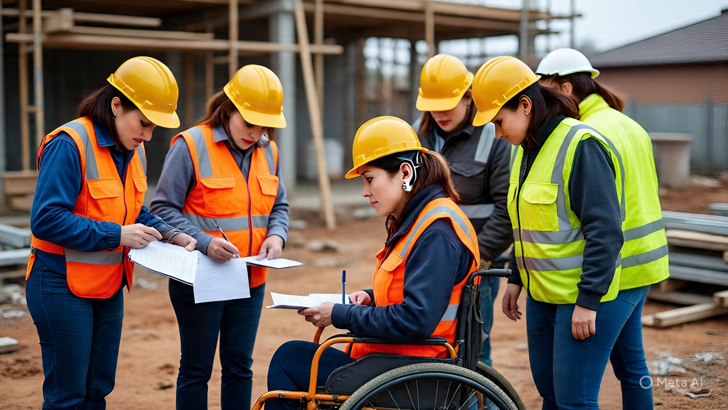 The image shows 5-6 women in construction site with one of them in a wheelchair