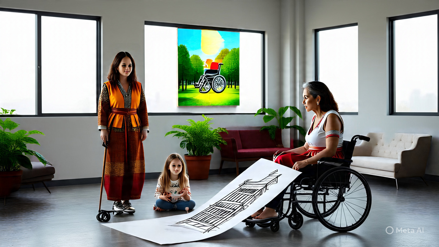 A group of people in a living room, including a woman in a wheelchair drawing on a large sheet of paper, a young girl, and a standing woman. A painting of a person in a wheelchair is on the wall behind them.