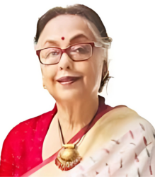 Ms. Aloka Guha, an elder woman with neat bun wearing a white saree and a red blouse with specs is looking and smiling towards the camera.