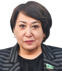 Ms. Lyazzat Kaltayeva, wearing black and grey blazer with short hair.