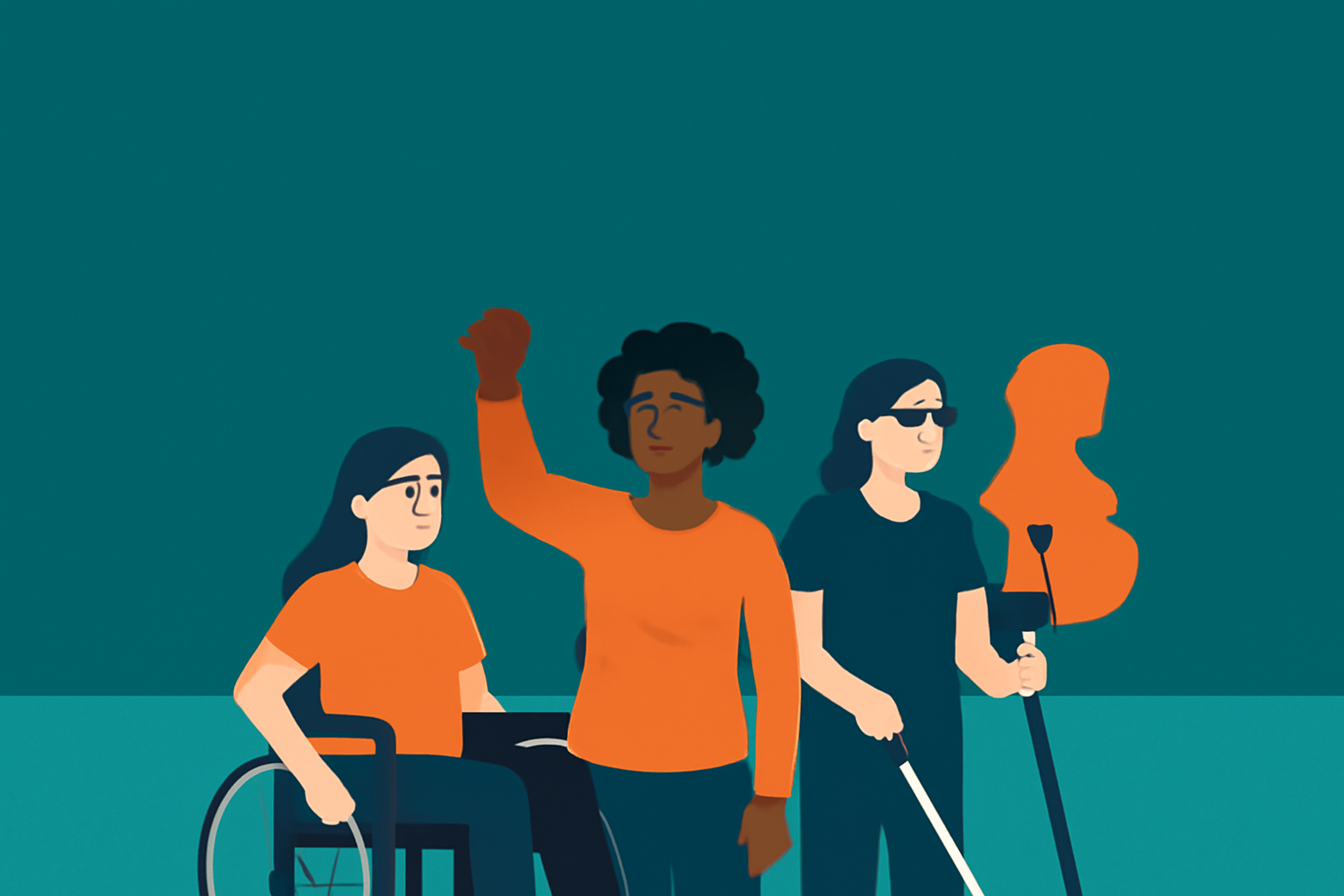 A flat-style digital illustration showing four diverse women with disabilities against a teal background. From left to right: a woman with long dark hair sitting in a wheelchair wearing an orange shirt, a woman with dark curly hair raising her fist in empowerment wearing an orange shirt, a woman with long dark hair wearing sunglasses and holding a white cane, and a silhouette of a pregnant woman using crutches in solid orange. The background is split into darker teal at the top and lighter teal at the bottom.