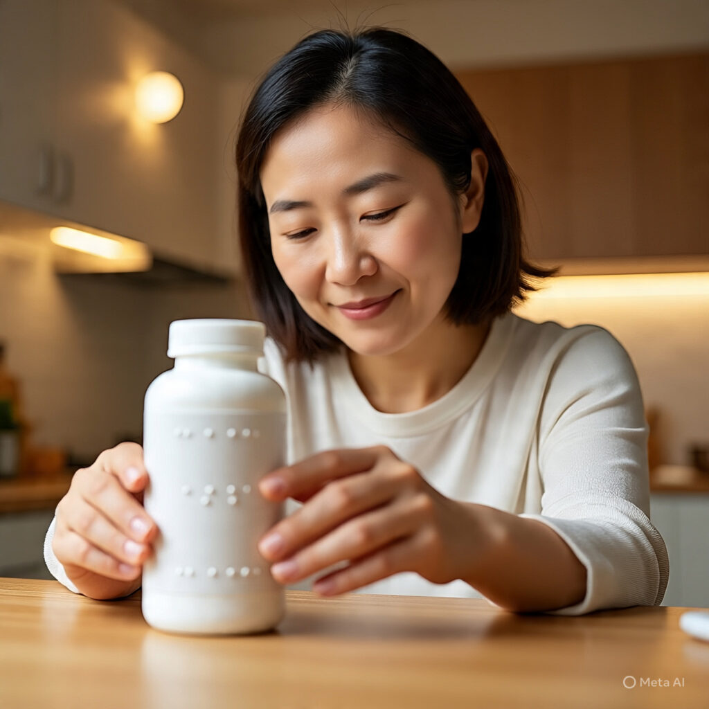 A smiling Asian woman with short, dark hair is at a table, touching a white bottle with a braille label. Her eyes are downcast, and her hands are gently holding the bottle, feeling the raised dots.