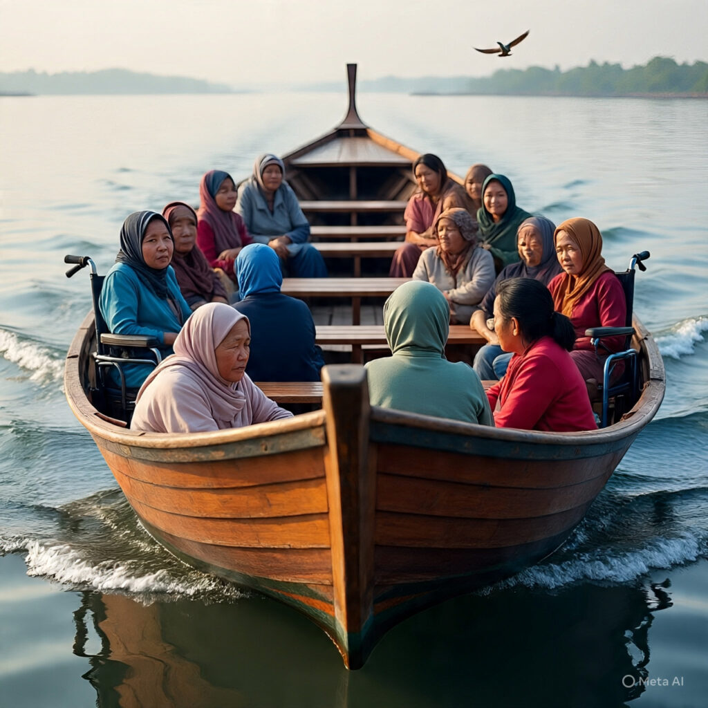 A picture where a no.of women are in boat and two of them are in a wheelchair