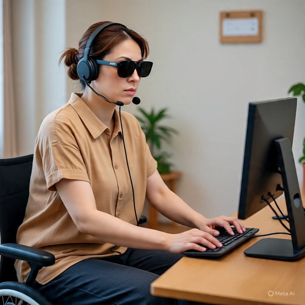 A woman with a bun is sitting at a desk, using a computer. She is wearing a headset with a microphone and dark glasses. Her hands are on the keyboard, and the corner of a wheelchair is visible in the bottom left.