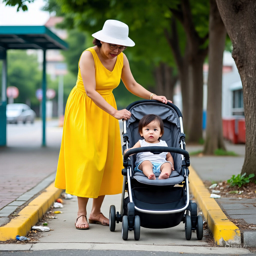 The image shows a woman who is pushing the stroller where a child is sitting.