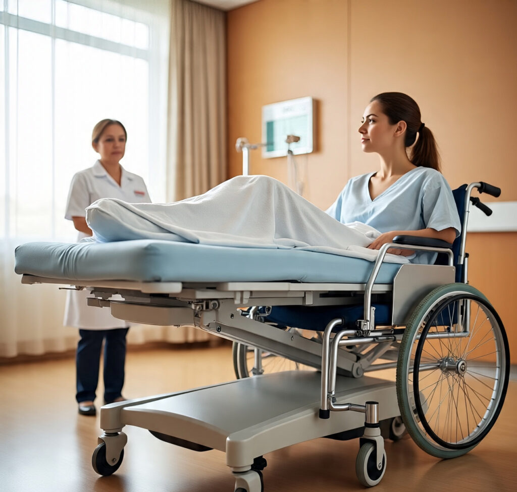 A person with a ponytail, wearing a light blue hospital gown, is sitting in a wheelchair next to a height-adjustable hospital bed. She is looking to the side. A nurse in a white uniform stands in the background, out of focus