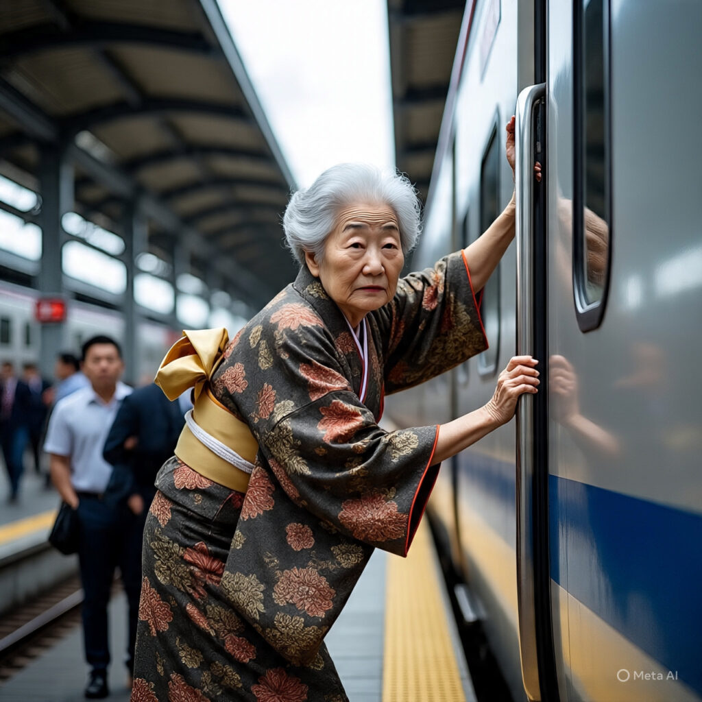 The image of an elder women holding the bar of a train.