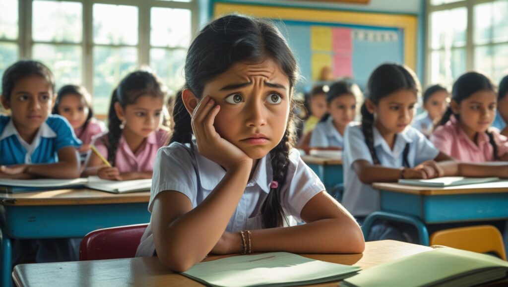 A young girl sits at a desk in a classroom.