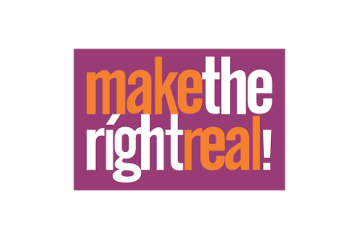This is a graphic with the phrase "make the right real!" in large, bold letters. The words are in orange and white against a purple background