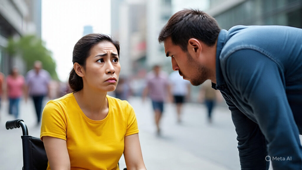 The image shows a woman in a wheelchair and a man having a conversation.