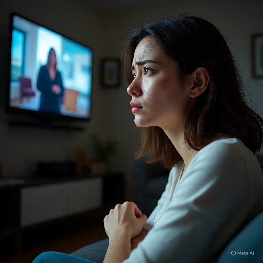 A picture of women having a worried expression on her face.
