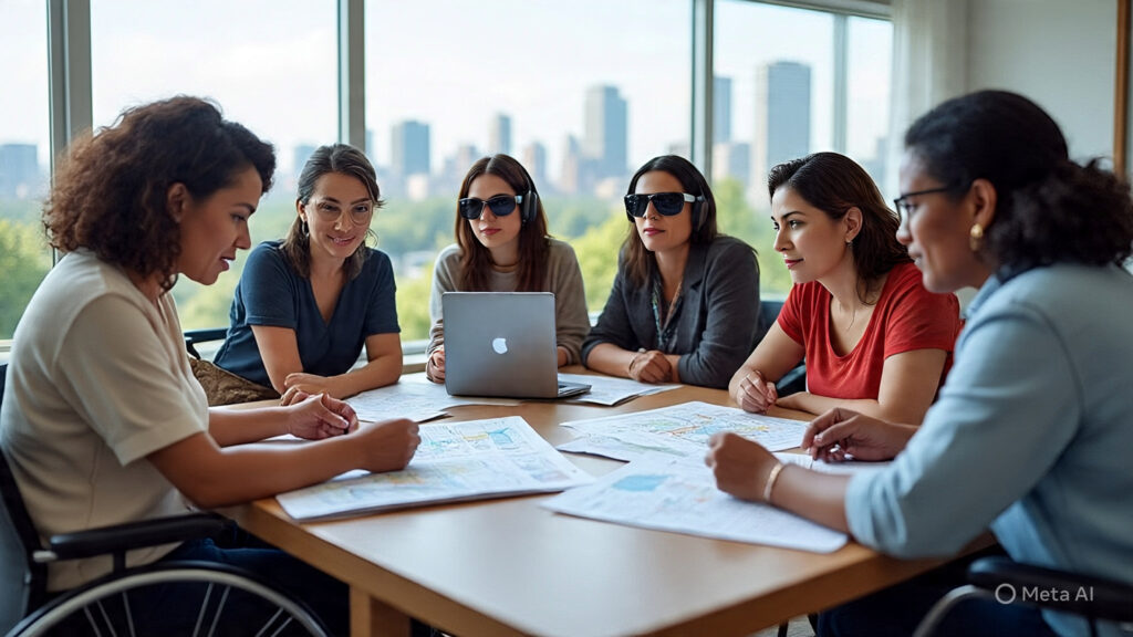 6 women are sitting around a table in wheelchairs discussing something, and 2 women are also wearing black glasses.