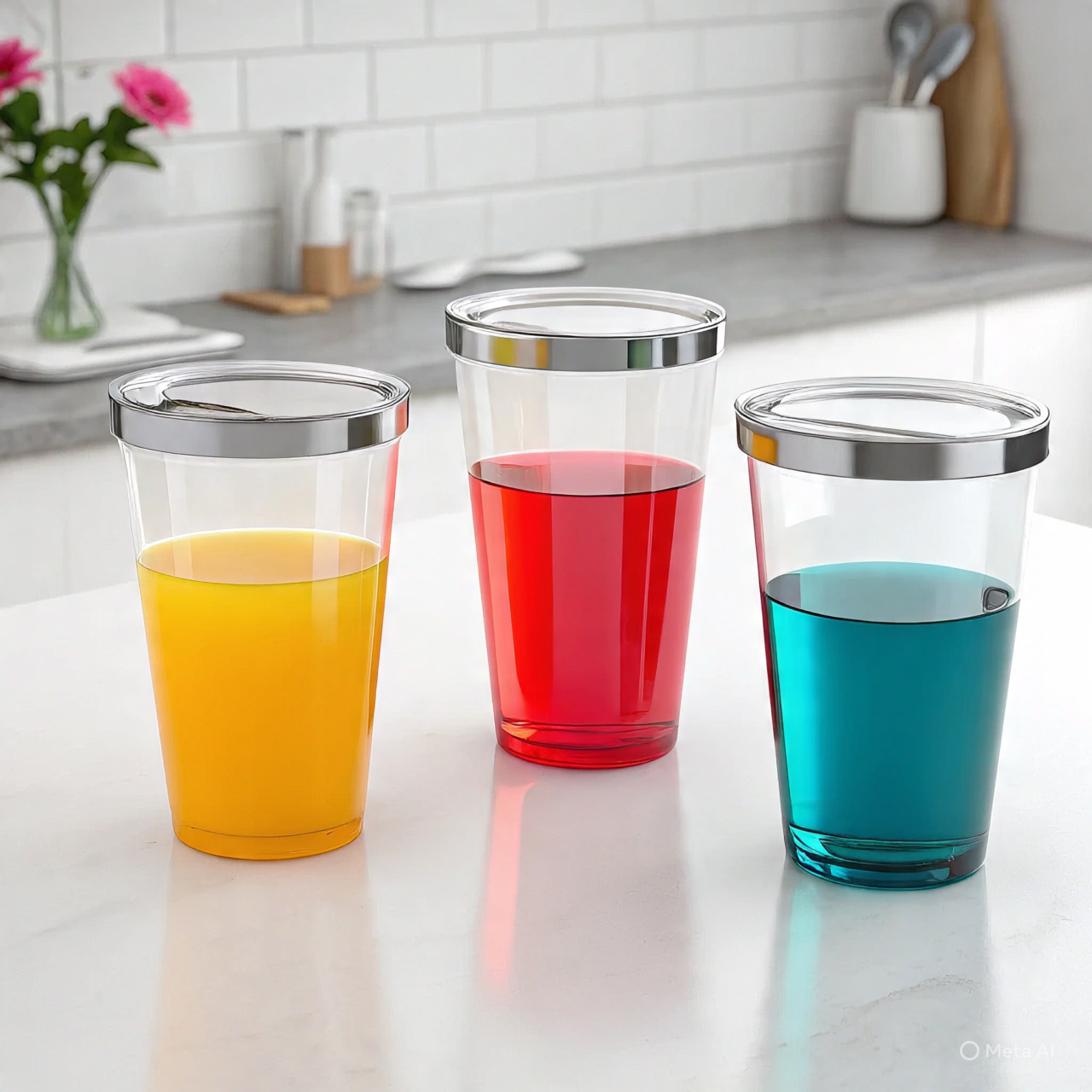 a picture of three glasses with yellow, red and blue color drinks in them