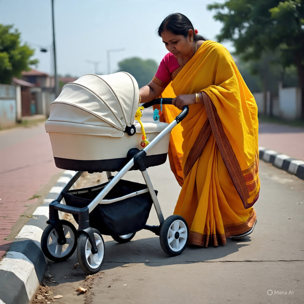 The image shows a woman with a stroller.