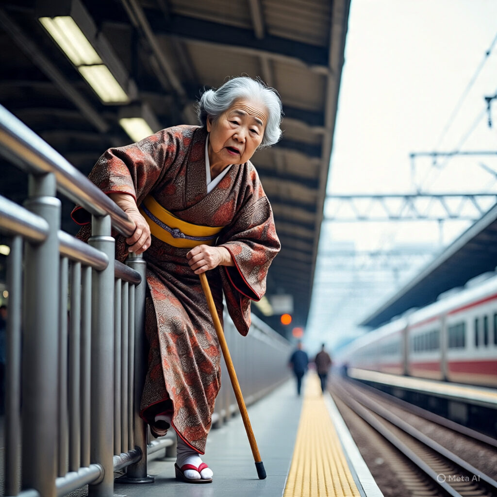 The image shows an elder with a stick and is waiting for a train on the railway station