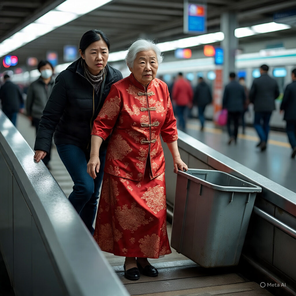 An image of an elder woman walking on train station with a basket in her hand and another woman is walking behind her