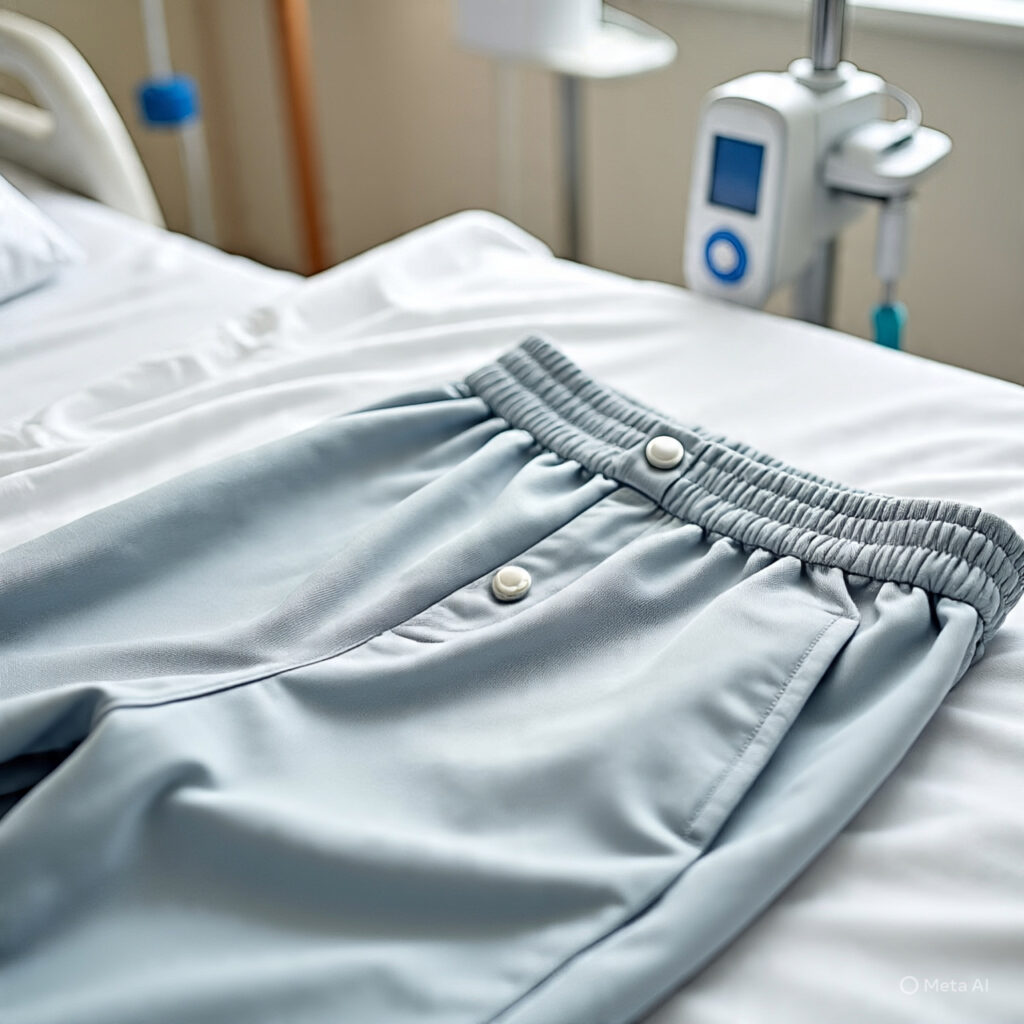 A picture of grey trousers on a hospital bed.