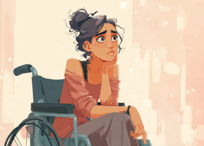 The painting depicts a middle-aged woman with auburn hair, sitting in a wheelchair with her head bowed and a hand resting on her forehead, conveying a sense of exhaustion and sorrow intensifying the contrasting with her muted brown attire.